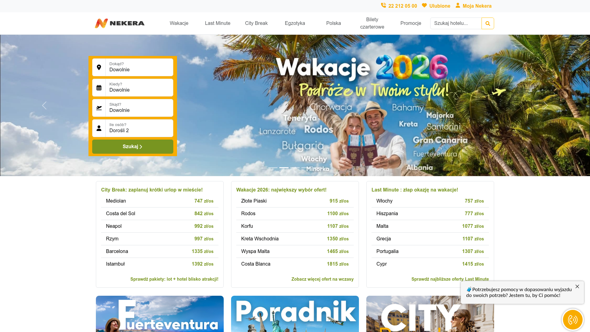 Zrzut ekranu portalu Nekera (nekera.pl) — pozycja 18 w rankingu wyszukiwarek wakacji 2026: Polski touroperator z rozbudowanym działem last minute i city break.