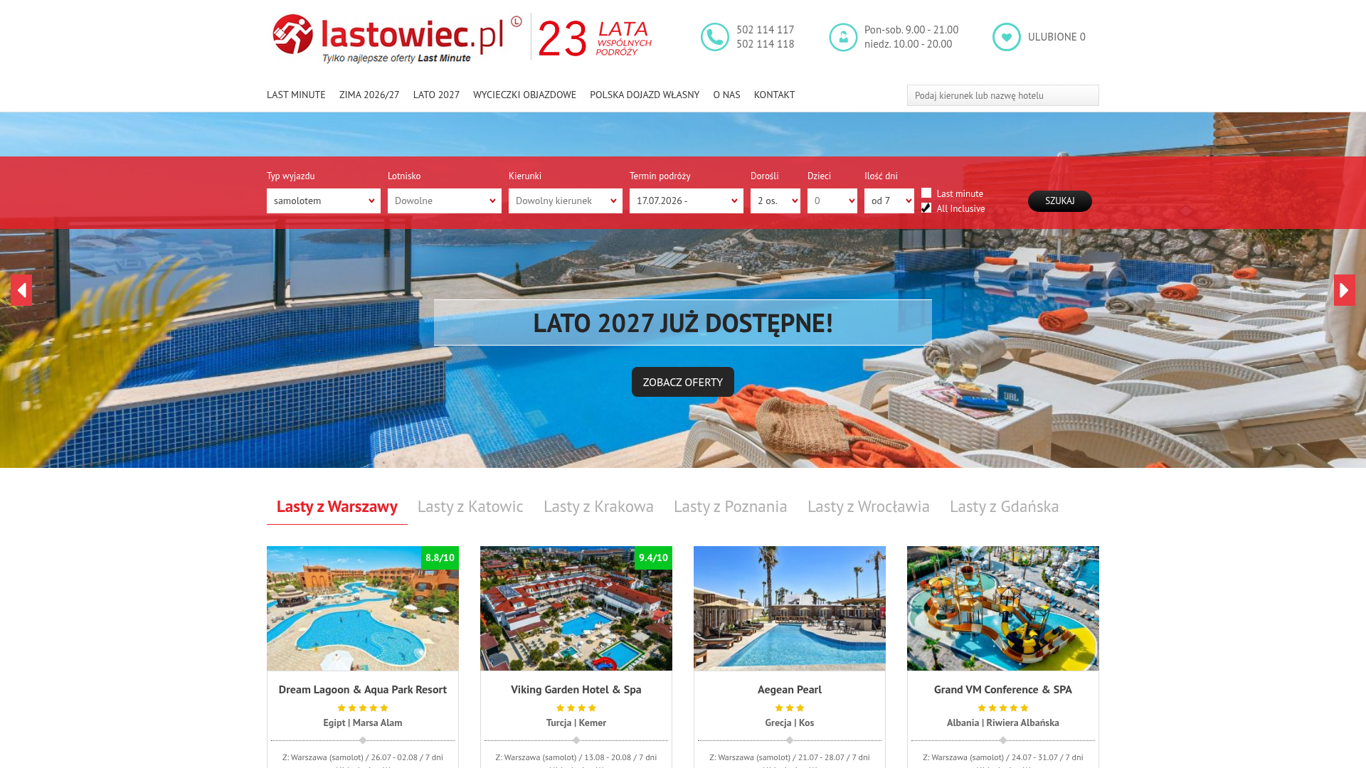 Zrzut ekranu portalu Lastowiec.pl (lastowiec.pl) — pozycja 17 w rankingu wyszukiwarek wakacji 2026: Polski agregator wycieczek z prostym, „ludzkim” interfejsem.