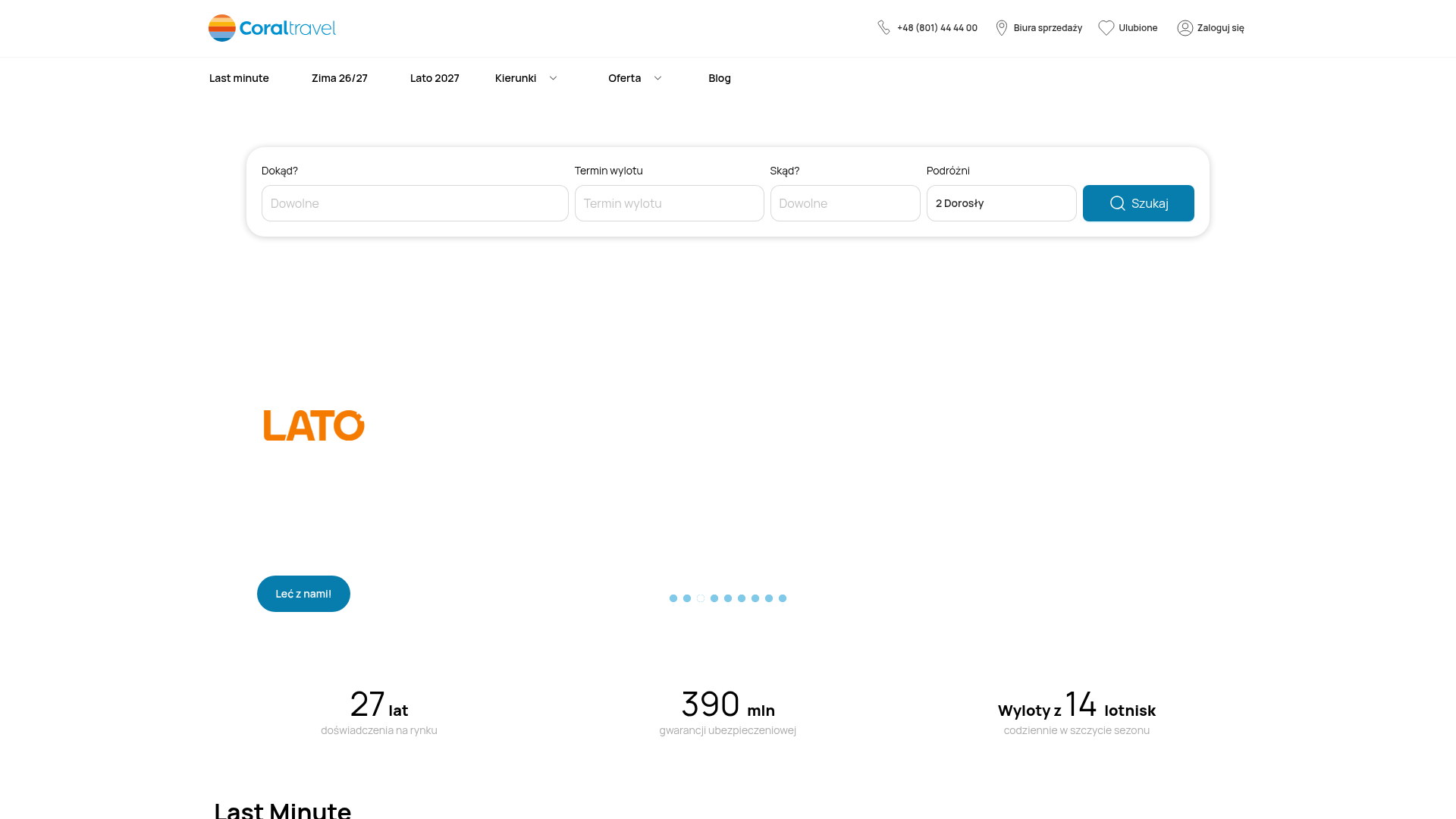 Zrzut ekranu portalu Coral Travel (coraltravel.pl) — pozycja 10 w rankingu wyszukiwarek wakacji 2026: Duży touroperator z Turcji z bardzo mocną ofertą w Antalyi, Alanyi i Bodrum.